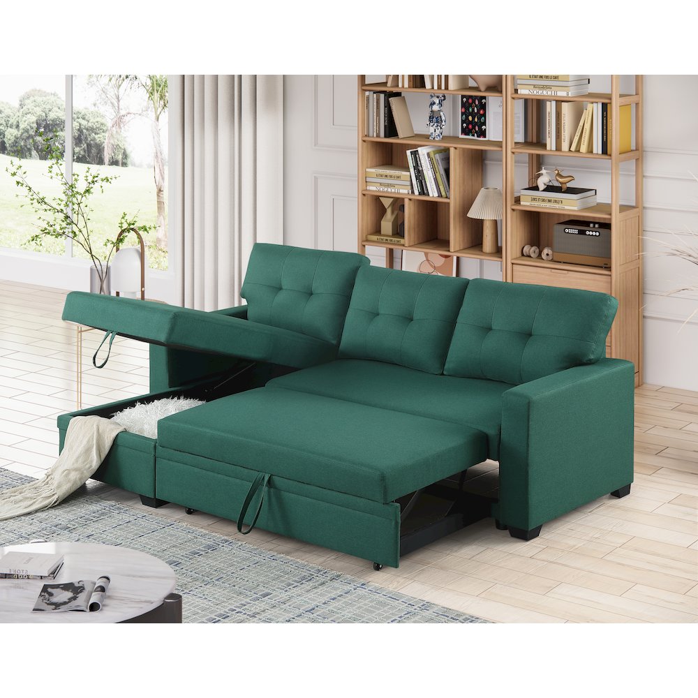 Devion Furniture Polyester Fabric Reversible Sleeper Sectional Sofa-Green. Picture 3