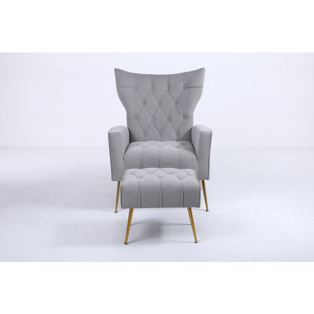 Tufted Cushions Accent Chair With Ottoman In Gray. Picture 1