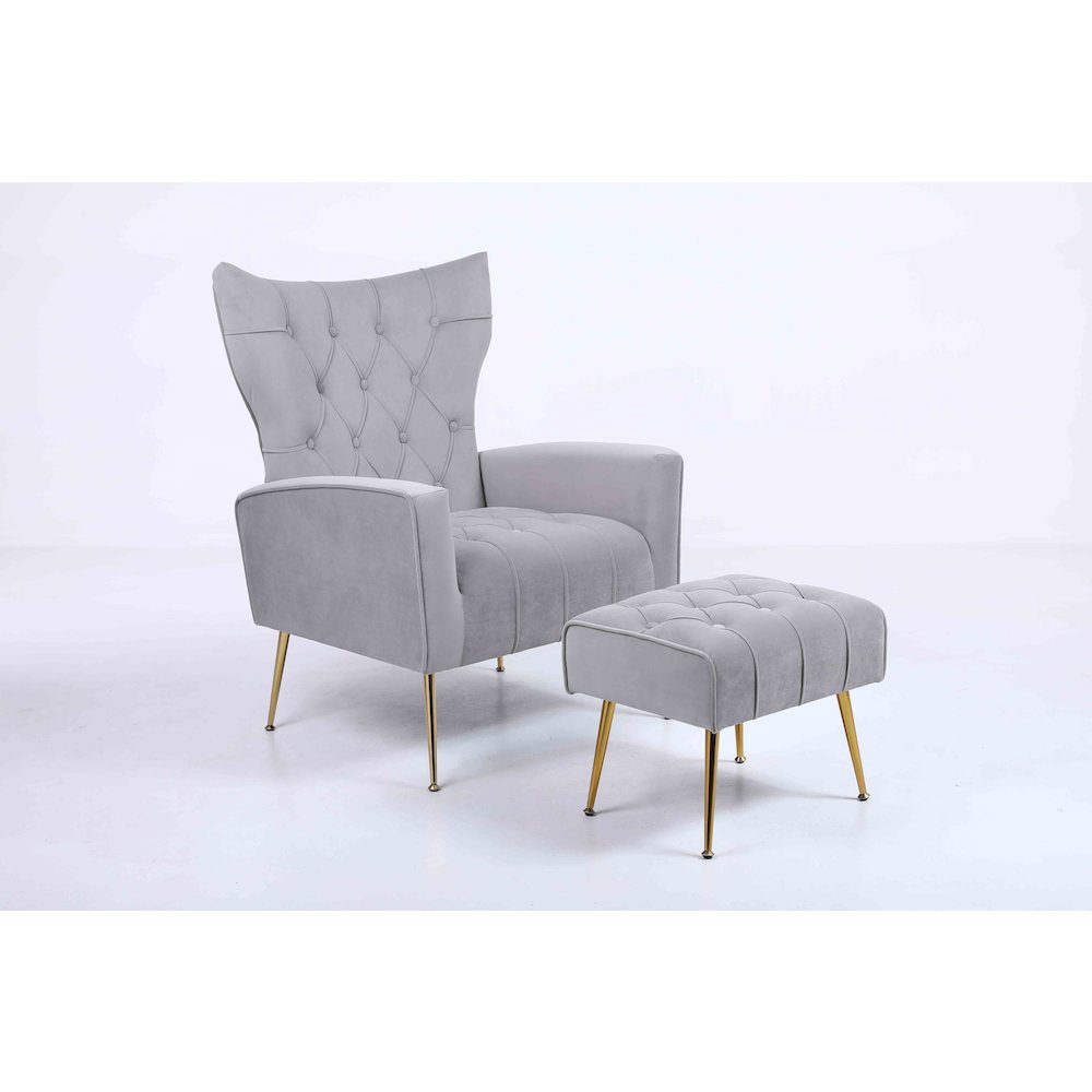 Tufted Cushions Accent Chair With Ottoman In Gray. Picture 2
