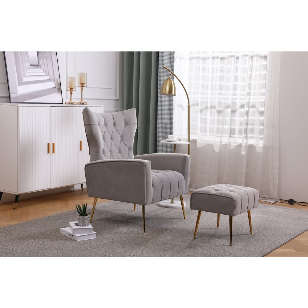 Tufted Cushions Accent Chair With Ottoman In Gray. Picture 8