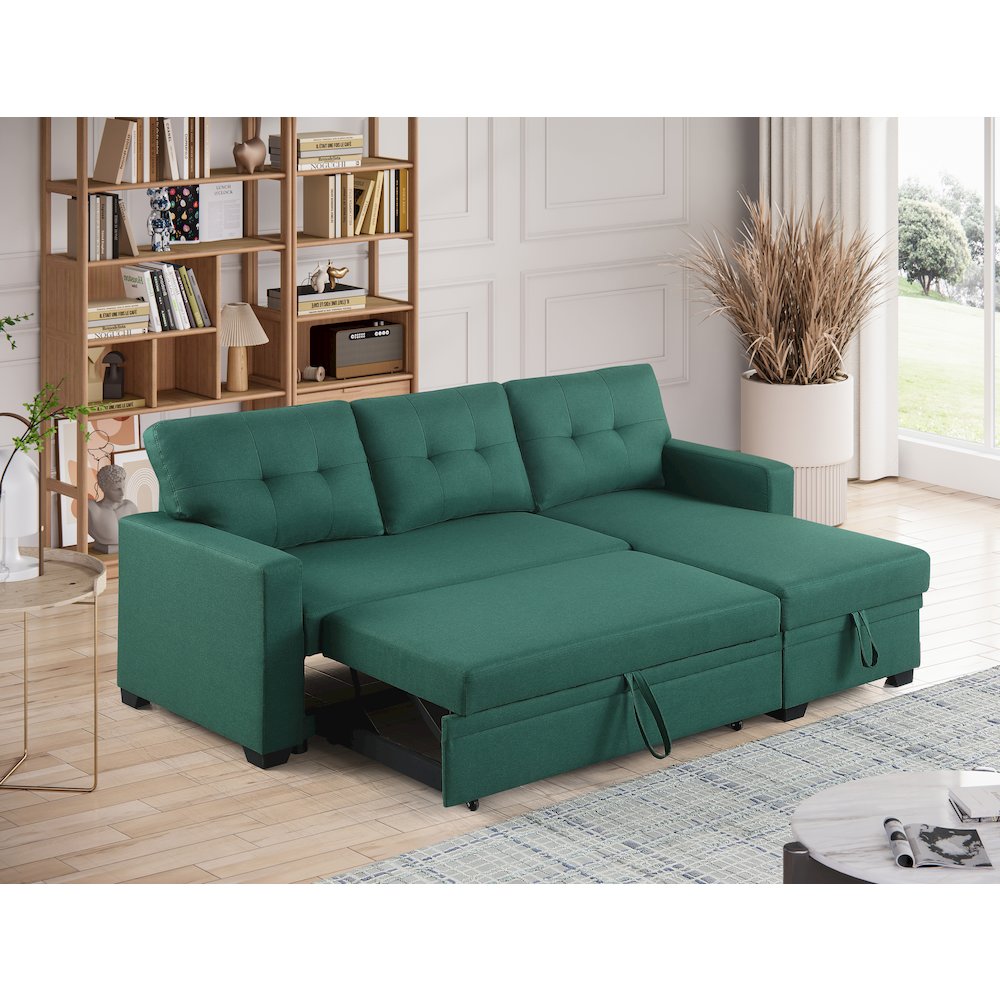 Devion Furniture Polyester Fabric Reversible Sleeper Sectional Sofa-Green. Picture 5