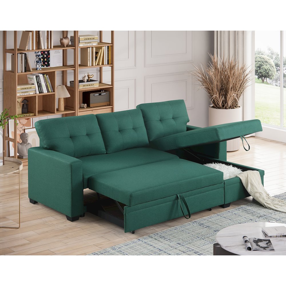 Devion Furniture Polyester Fabric Reversible Sleeper Sectional Sofa-Green. Picture 6