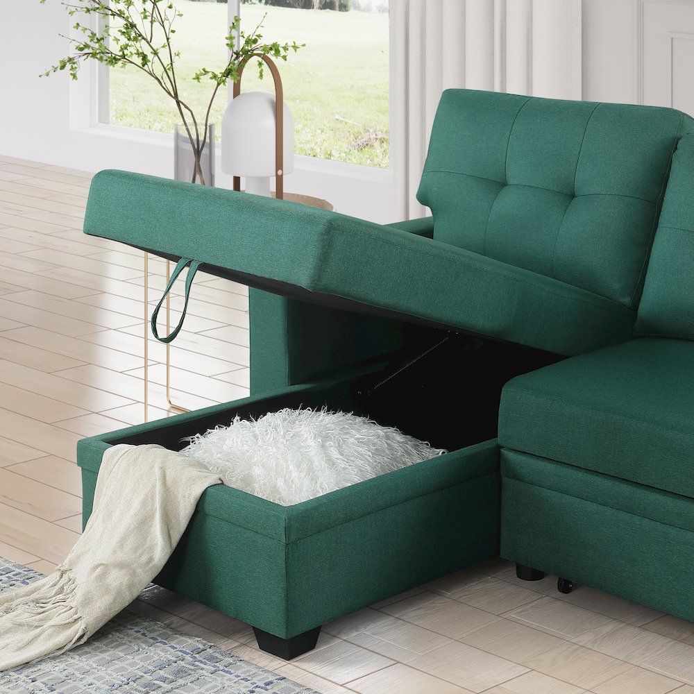 Devion Furniture Polyester Fabric Reversible Sleeper Sectional Sofa-Green. Picture 7
