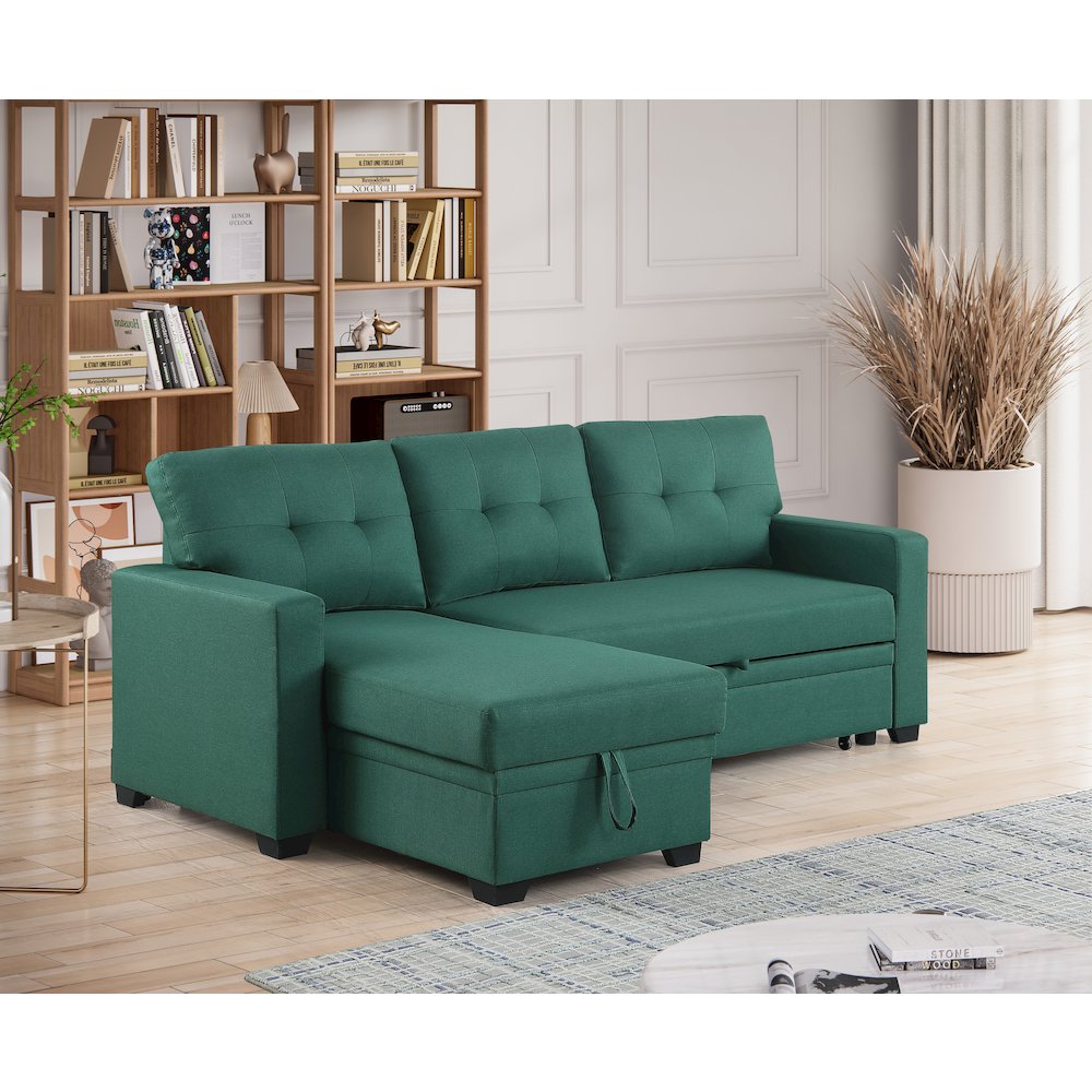 Devion Furniture Polyester Fabric Reversible Sleeper Sectional Sofa-Green. Picture 8