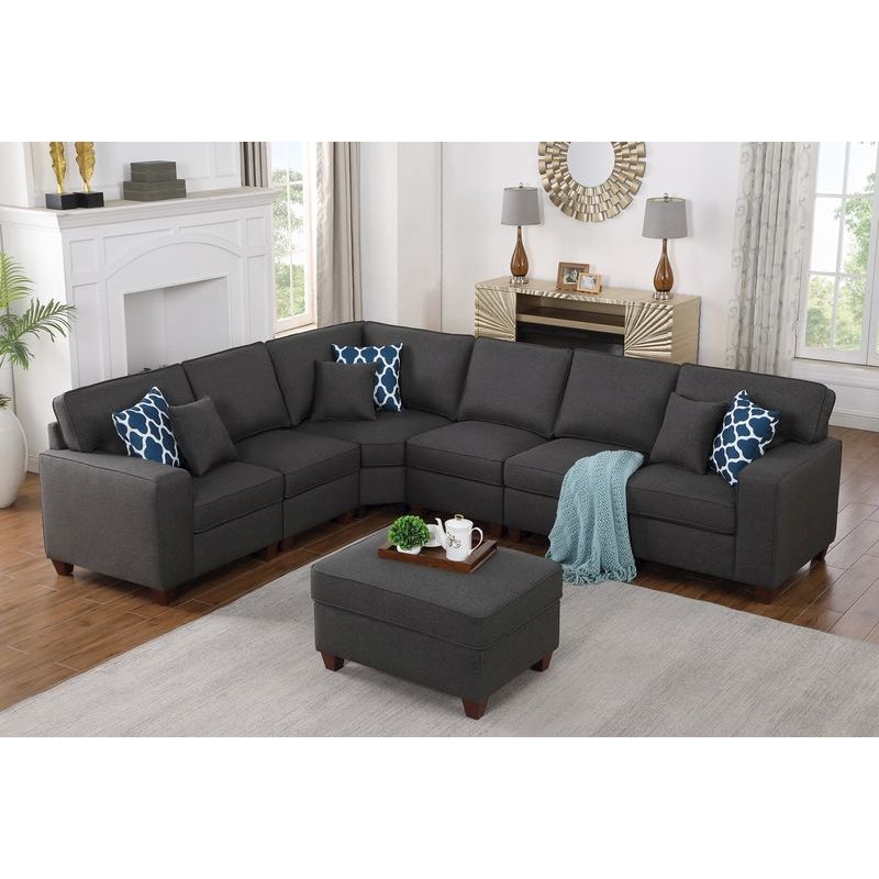 Devion Furniture 7-Piece Upholstered Fabric Sectional with Ottoman in Gray. Picture 2