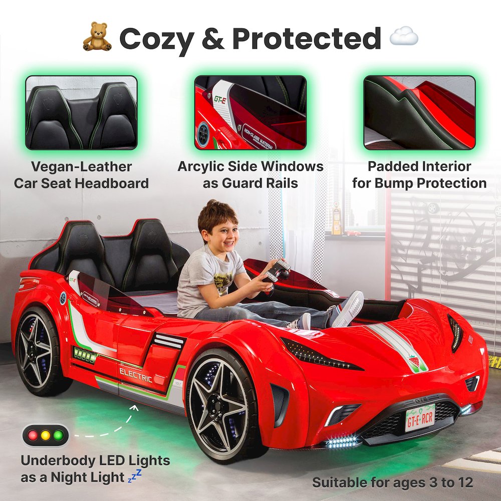 GTS EV Twin-Size Race Car Bed, Red - Remote Control, LED Lights, EV Sound FX. Picture 11