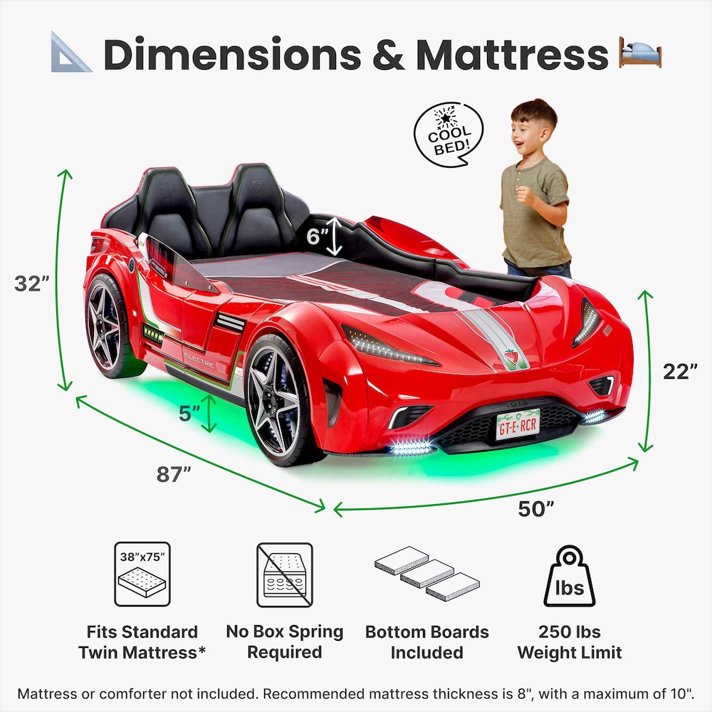 GTS EV Twin-Size Race Car Bed, Red - Remote Control, LED Lights, EV Sound FX. Picture 13