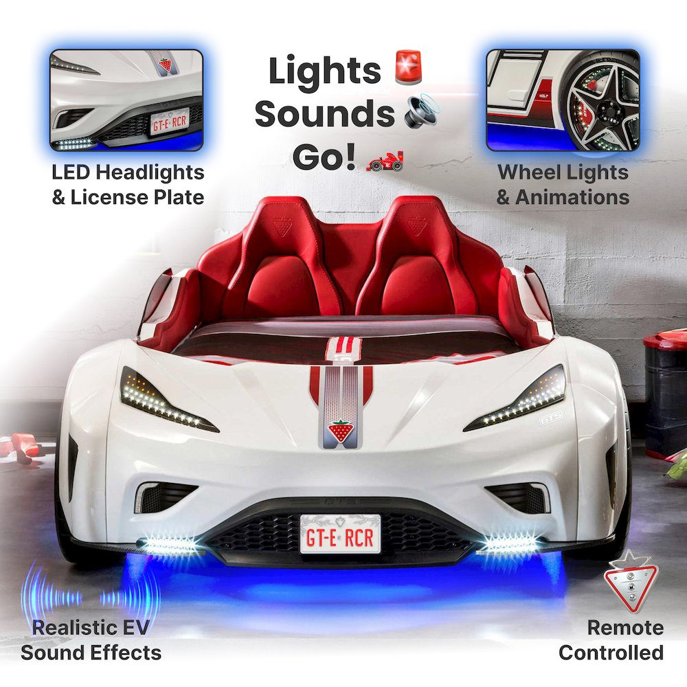 GTS EV Twin-Size Race Car Bed, White - Remote Control, LED Lights, EV Sound FX. Picture 13