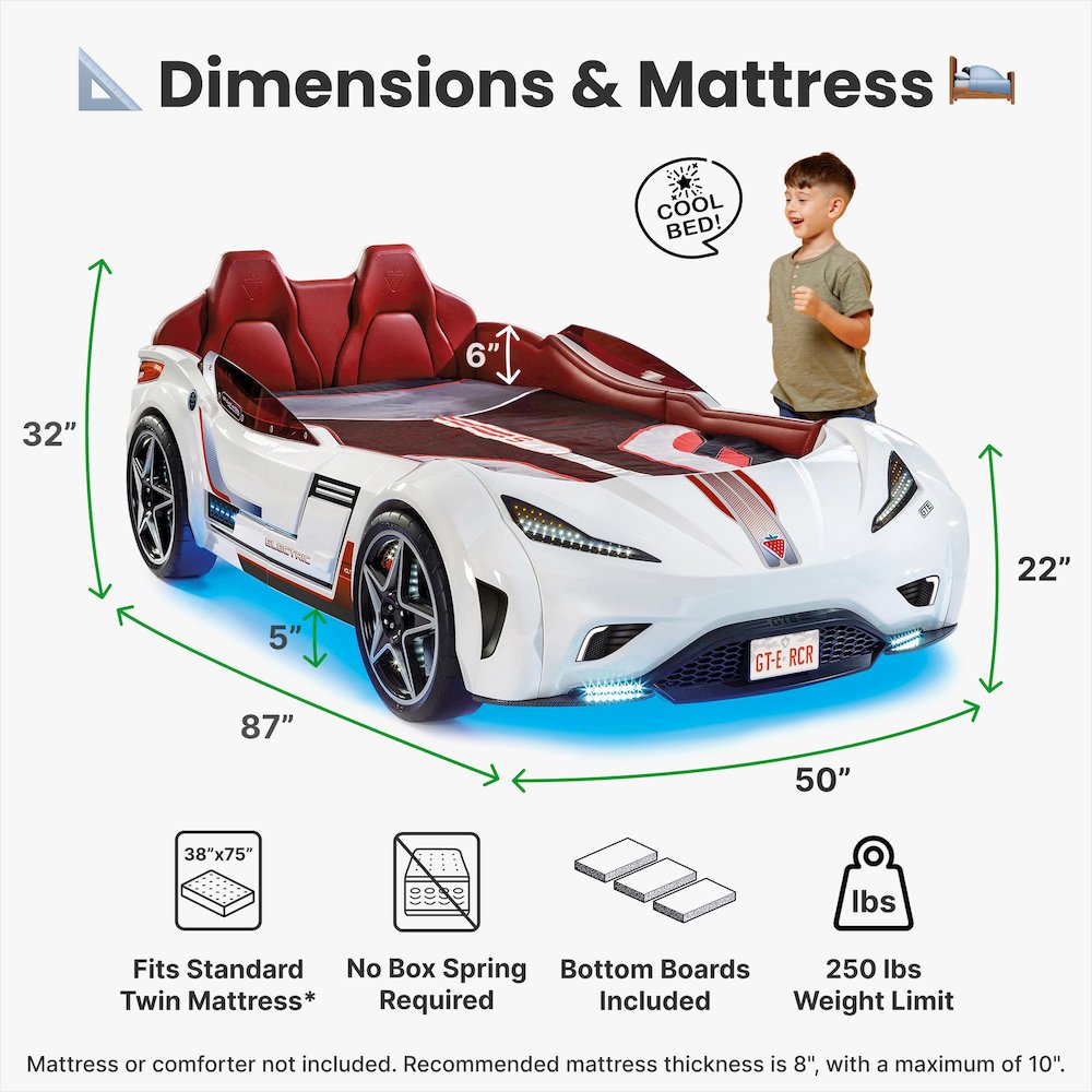 GTS EV Twin-Size Race Car Bed, White - Remote Control, LED Lights, EV Sound FX. Picture 14