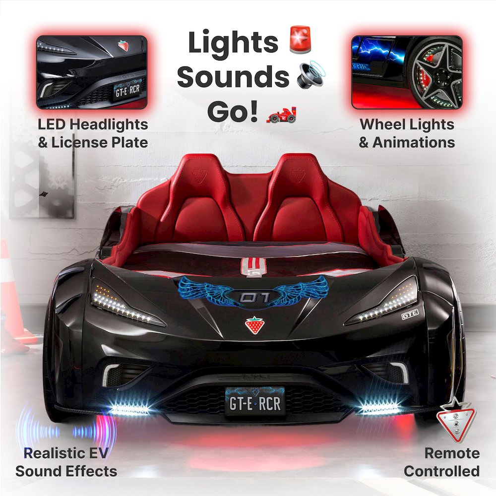 GTS EV Twin-Size Race Car Bed, Black - Remote Control, LED Lights, EV Sound FX. Picture 4