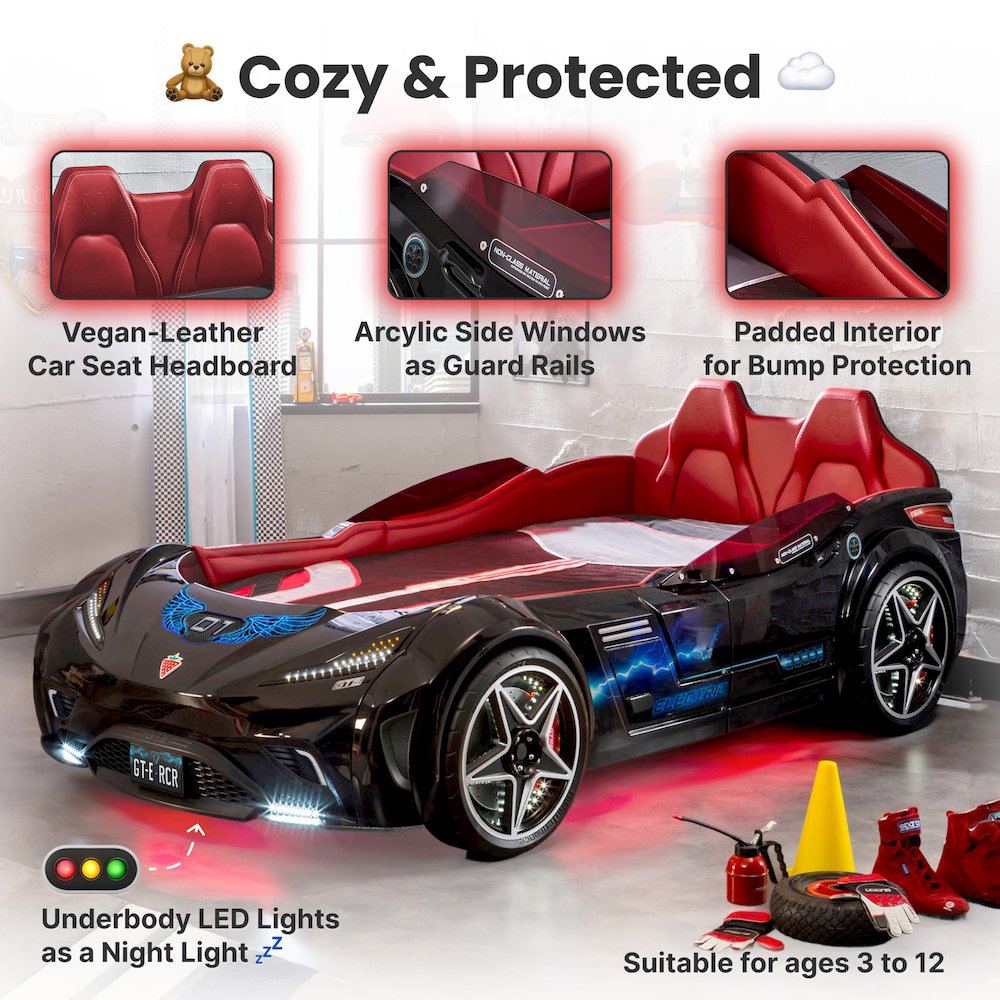 GTS EV Twin-Size Race Car Bed, Black - Remote Control, LED Lights, EV Sound FX. Picture 5