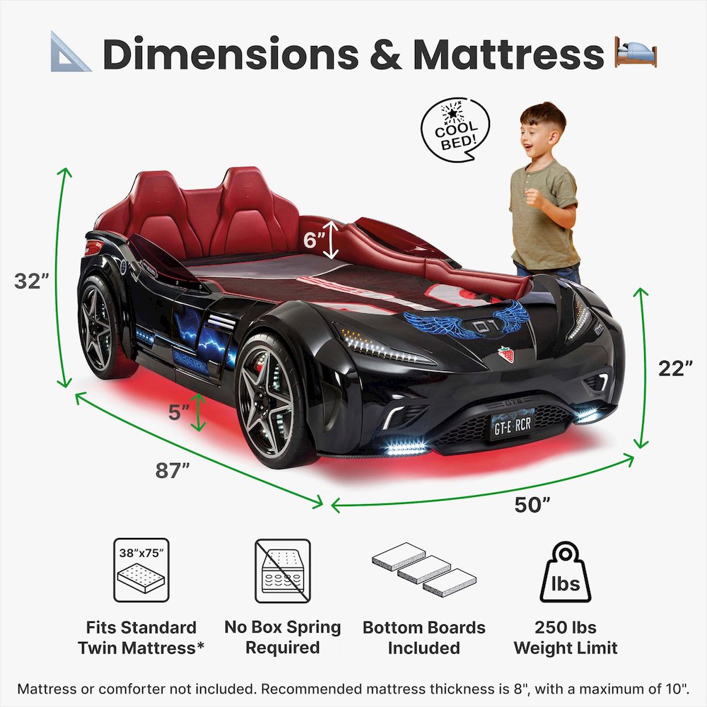 GTS EV Twin-Size Race Car Bed, Black - Remote Control, LED Lights, EV Sound FX. Picture 1