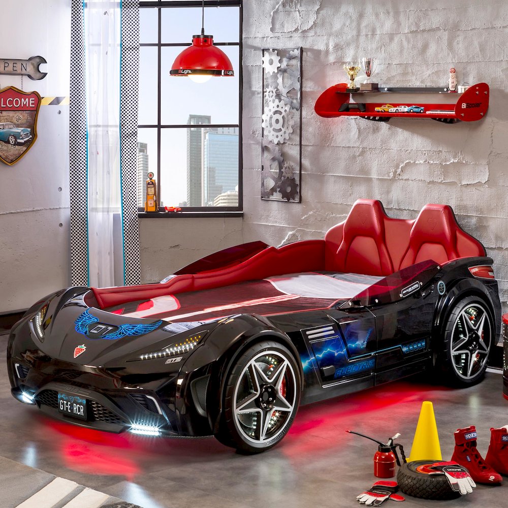 GTS EV Twin-Size Race Car Bed, Black - Remote Control, LED Lights, EV Sound FX. Picture 9