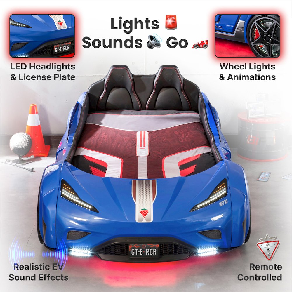 GTS EV Twin-Size Race Car Bed, Blue - Remote Control, LED Lights, EV Sound FX. Picture 10