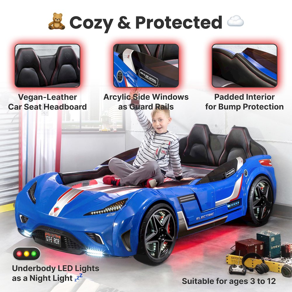 GTS EV Twin-Size Race Car Bed, Blue - Remote Control, LED Lights, EV Sound FX. Picture 11