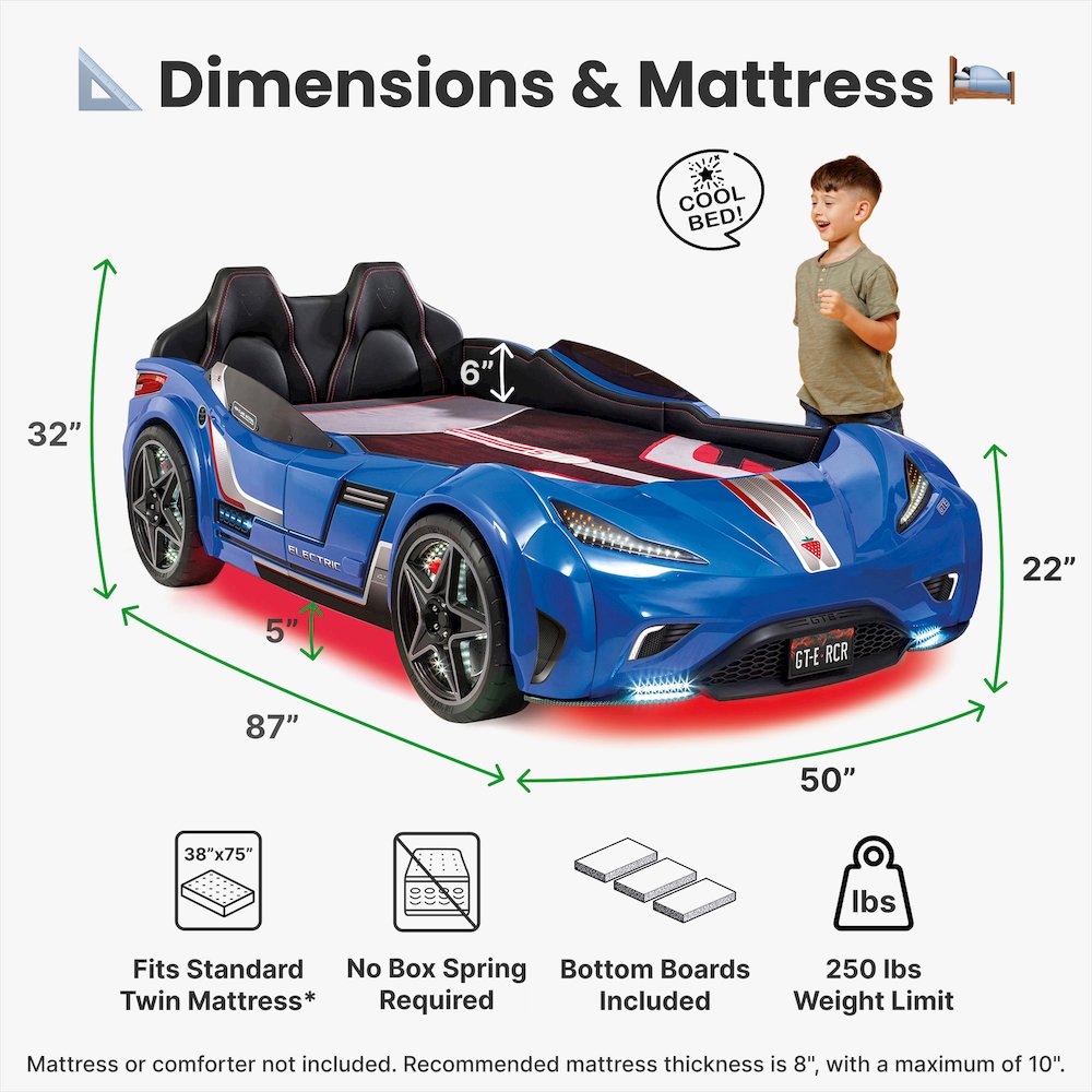 GTS EV Twin-Size Race Car Bed, Blue - Remote Control, LED Lights, EV Sound FX. Picture 13