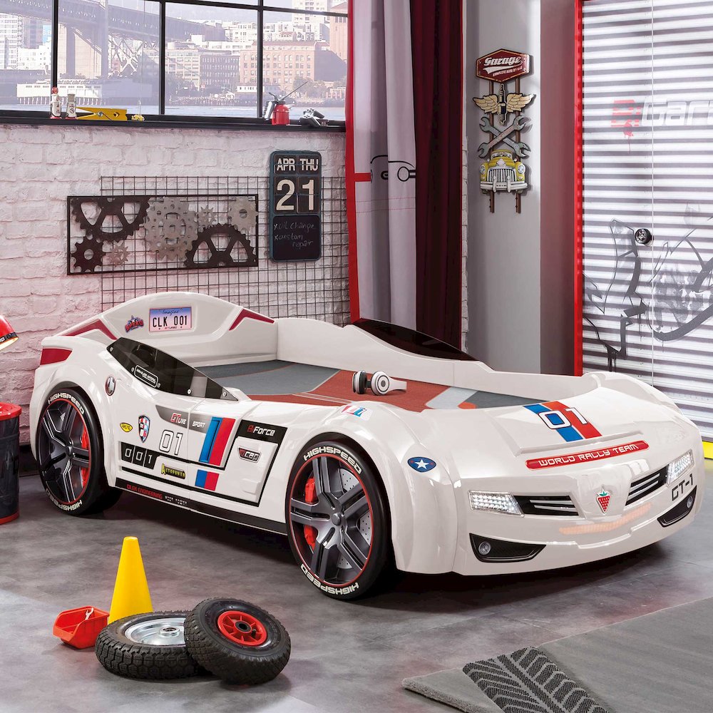 BiTurbo Twin-Size Race Car Bed, White - Remote Control, LED Lights, Sound FX. Picture 2
