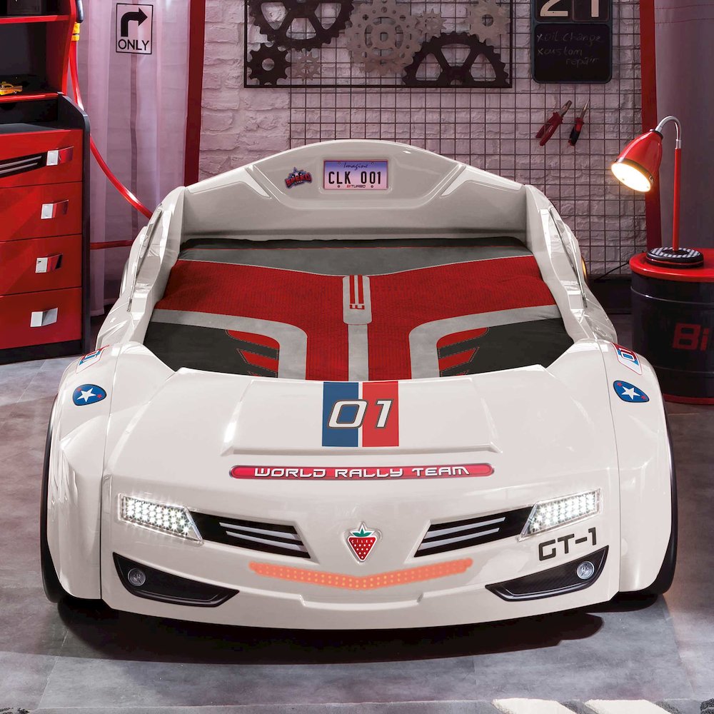 BiTurbo Twin-Size Race Car Bed, White - Remote Control, LED Lights, Sound FX. Picture 3