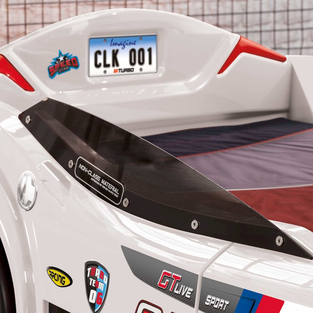 BiTurbo Twin-Size Race Car Bed, White - Remote Control, LED Lights, Sound FX. Picture 6