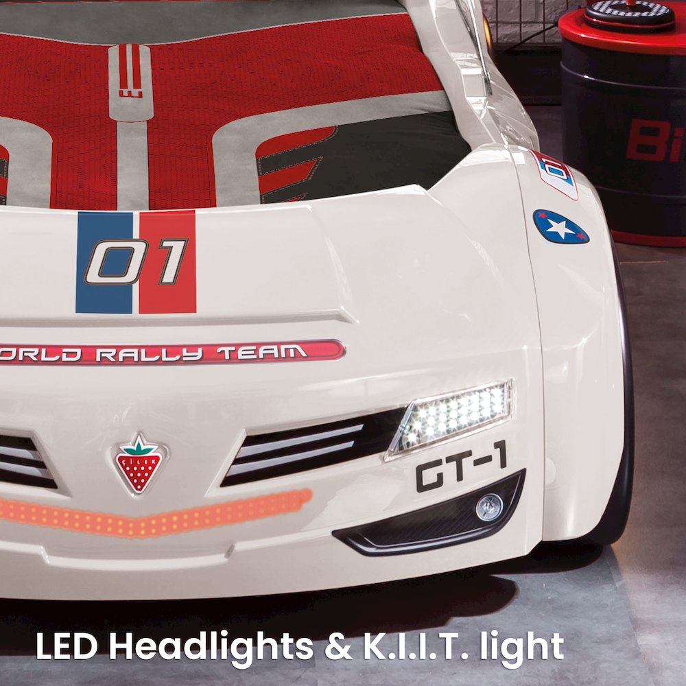 BiTurbo Twin-Size Race Car Bed, White - Remote Control, LED Lights, Sound FX. Picture 7