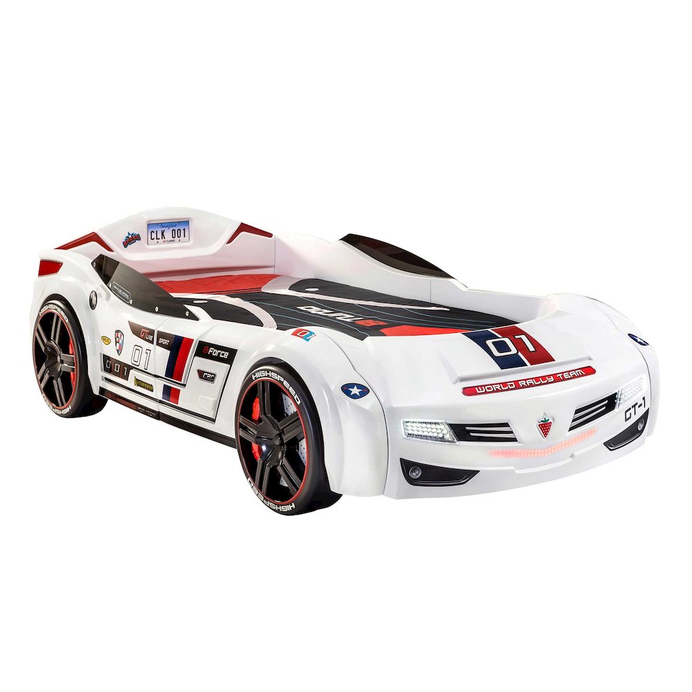 BiTurbo Twin-Size Race Car Bed, White - Remote Control, LED Lights, Sound FX. Picture 1