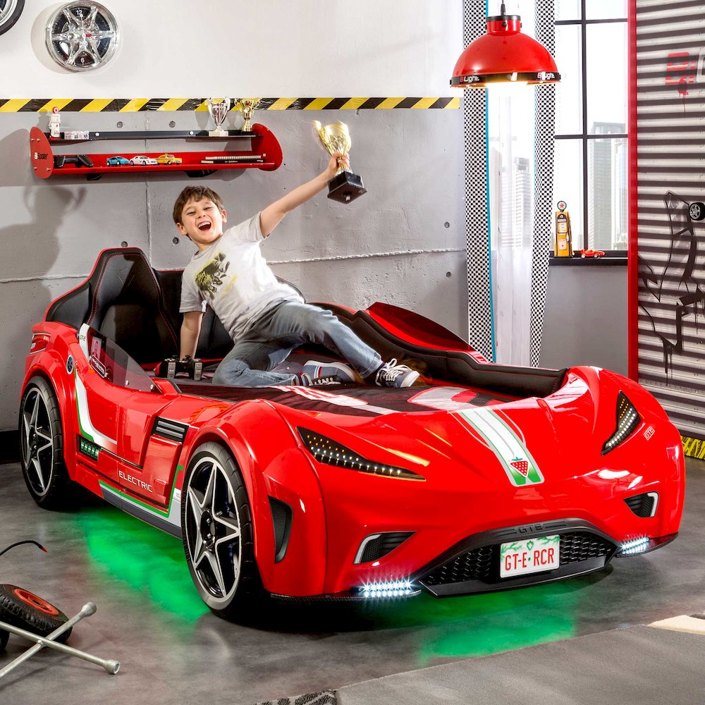 GTS EV Twin-Size Race Car Bed, Red - Remote Control, LED Lights, EV Sound FX. Picture 2