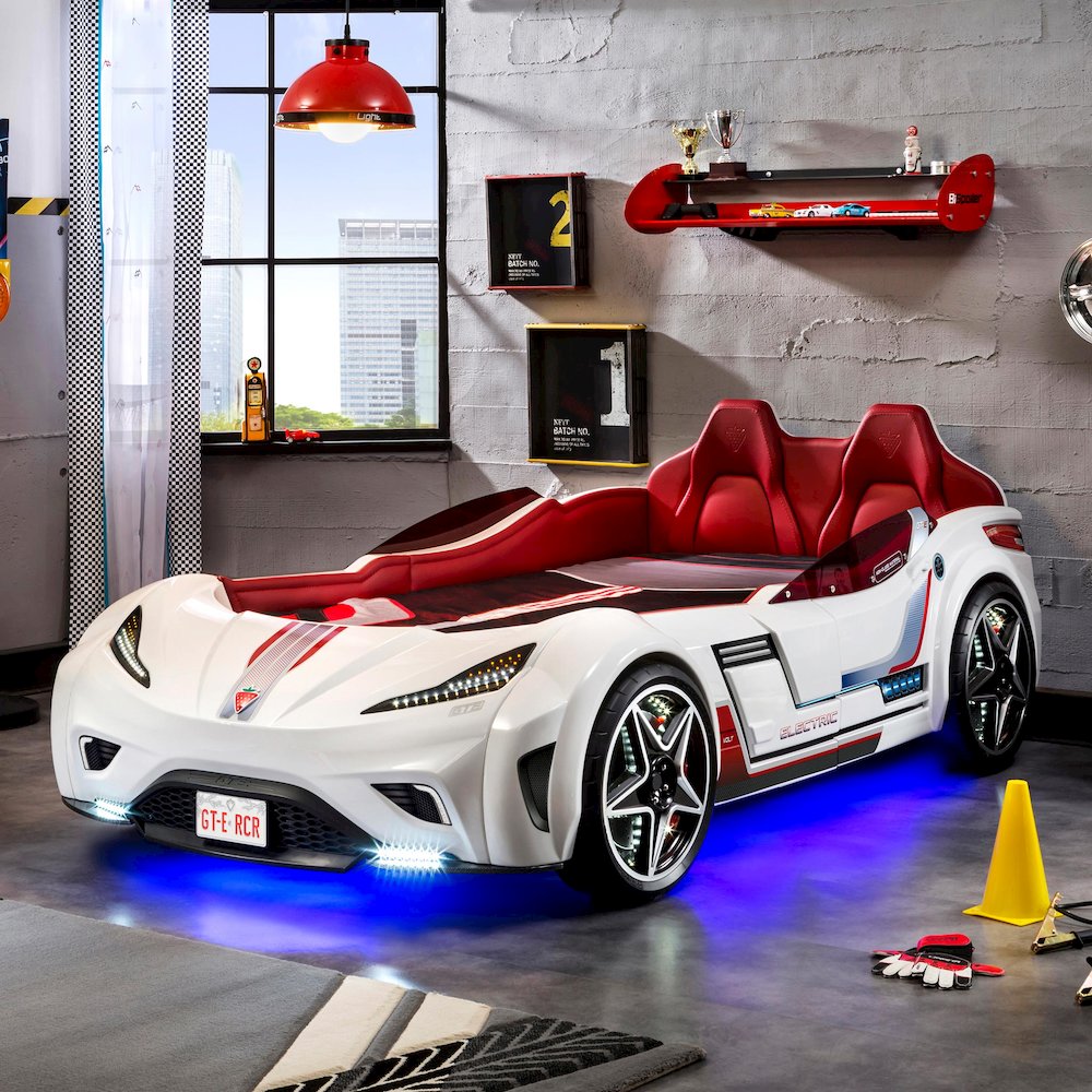 GTS EV Twin-Size Race Car Bed, White - Remote Control, LED Lights, EV Sound FX. Picture 2
