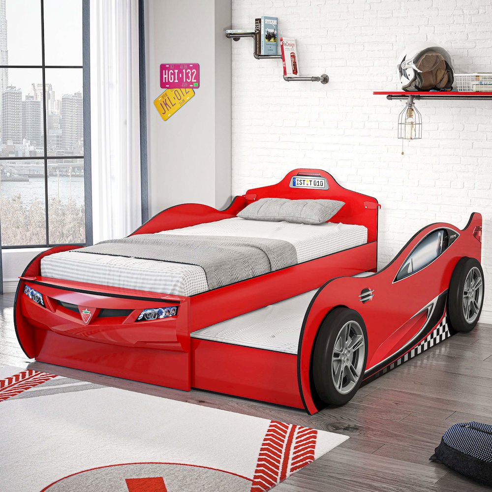 Race Cup Twin-Size Race Car Bed with Trundle Bed, Red - 3D Bumper. Picture 2