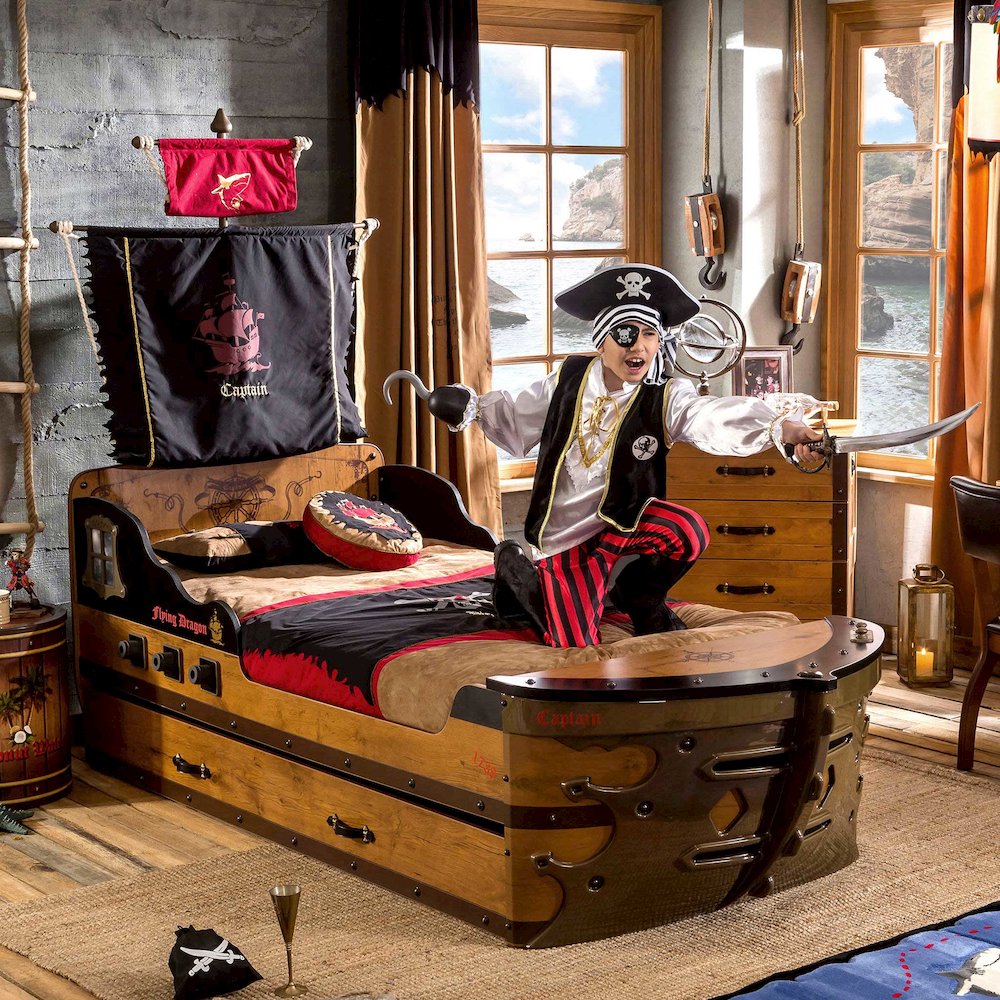 Pirate Twin-Size Captain’s Ship Bed with Sails and Deck and Trundle Storage Bed. Picture 1