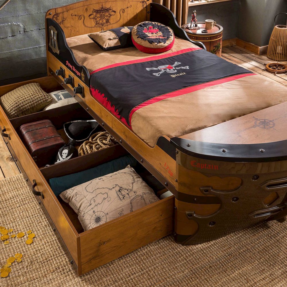 Pirate Twin-Size Captain’s Ship Bed with Sails and Deck and Trundle Storage Bed. Picture 6