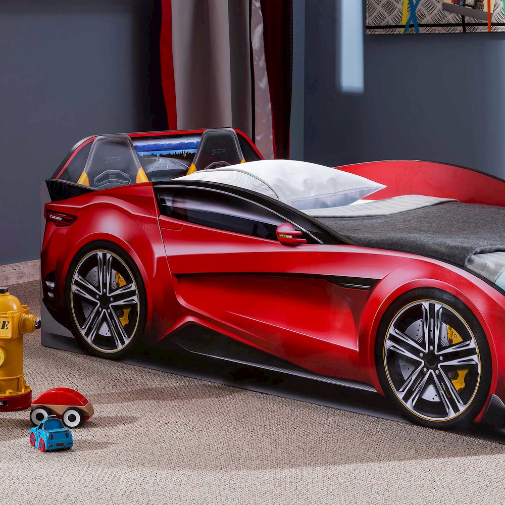 Spyder Toddle-Size Race Car Bed, Red - Realistic 3D Graphics, License Plate. Picture 3