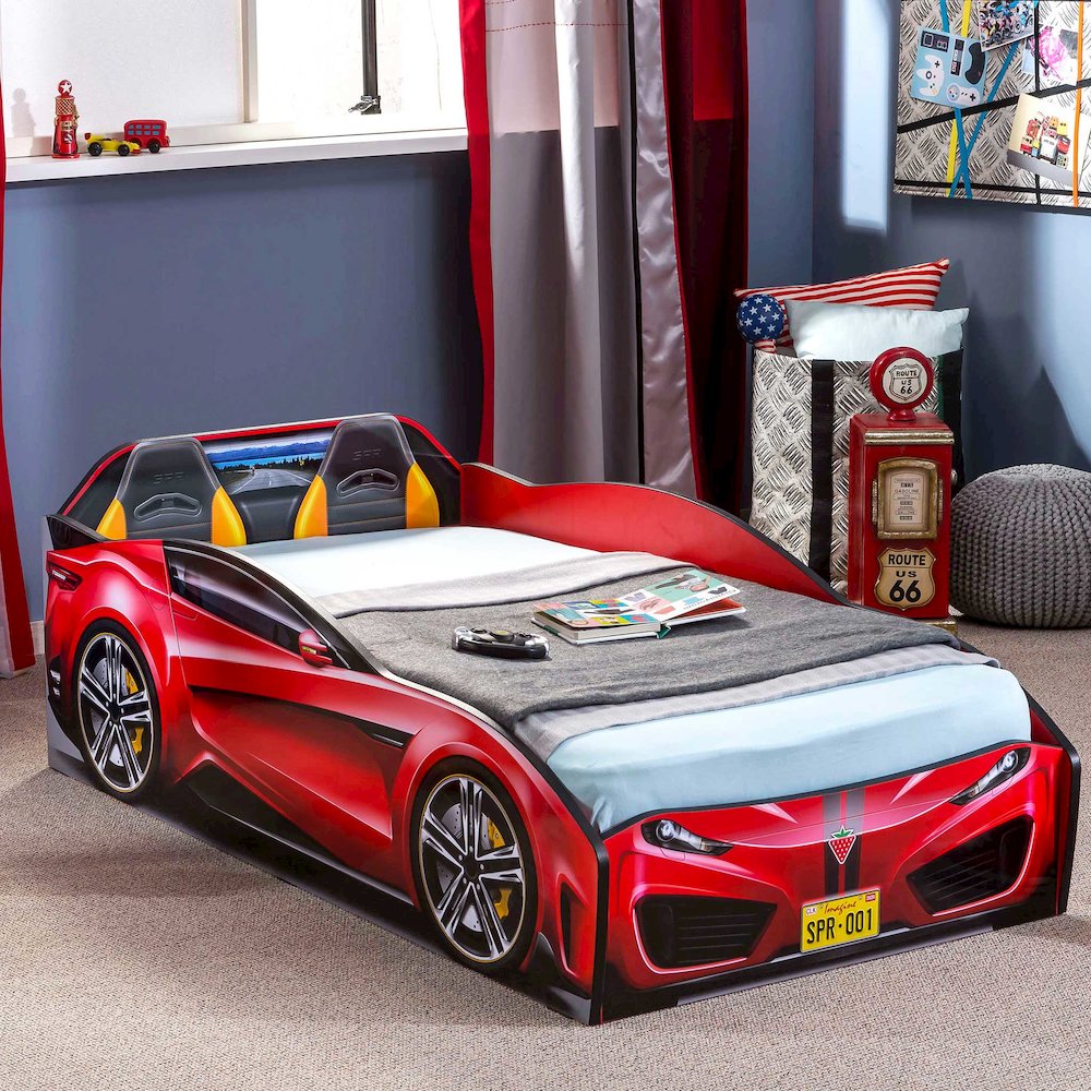 Spyder Toddle-Size Race Car Bed, Red - Realistic 3D Graphics, License Plate. Picture 4