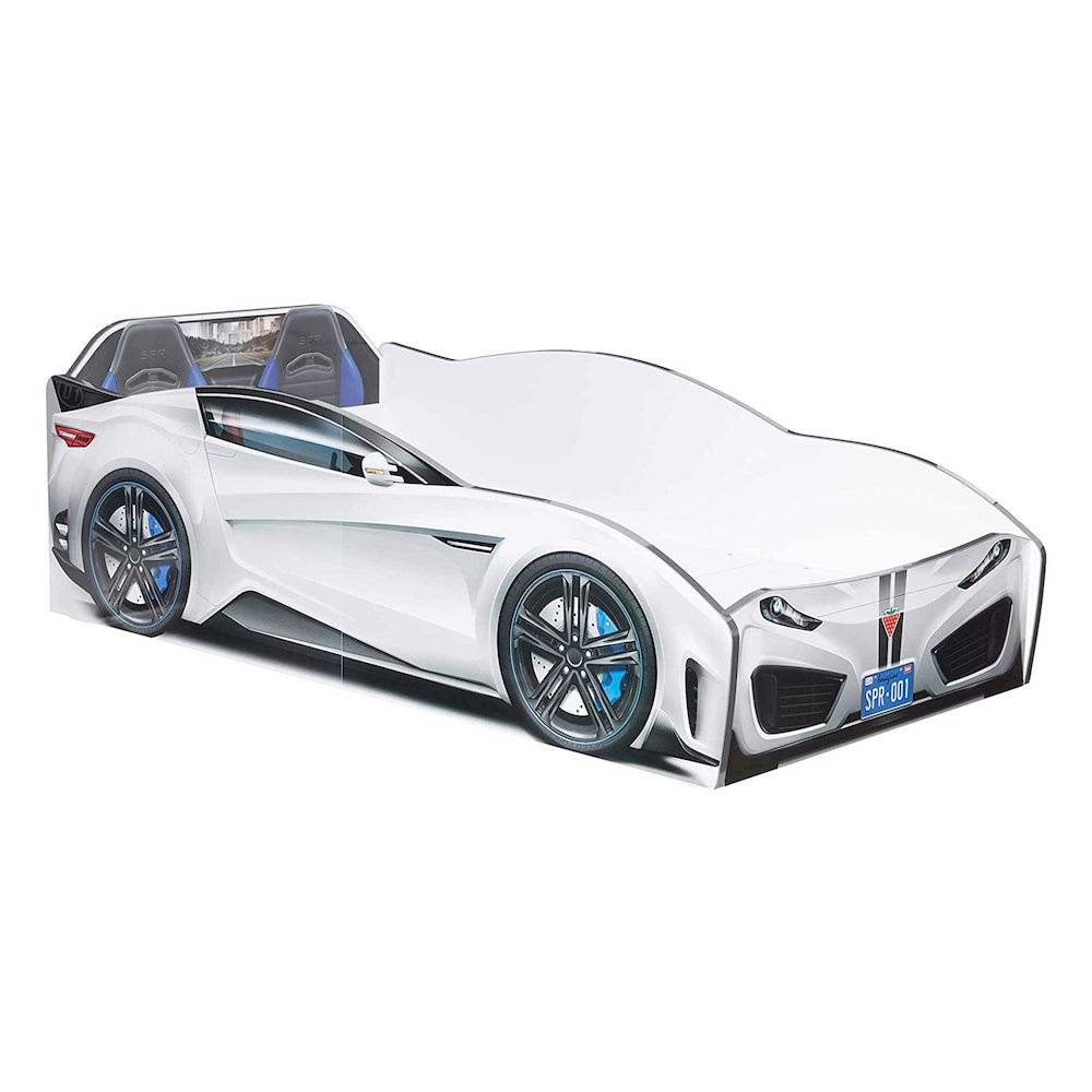 Spyder Toddle-Size Race Car Bed, White - Realistic 3D Graphics, License Plate. Picture 1