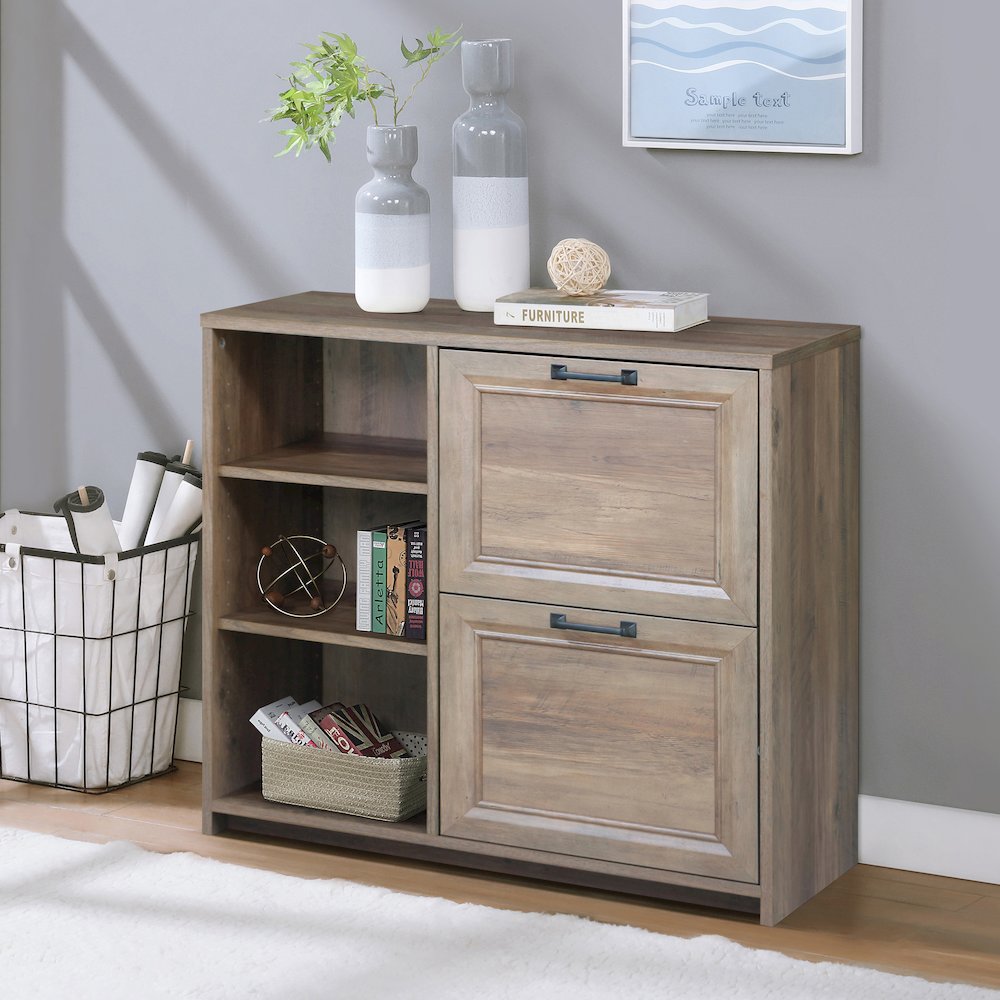 Alaska Wood 2 Drawer File Cabinet With 3 Shelf in Oak. Picture 7