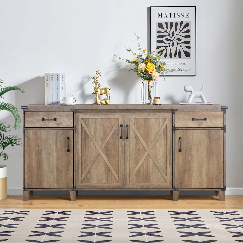 Oxford 4-Door Engineered Wood Credenza File Cabinet in Rustic Oak. Picture 9