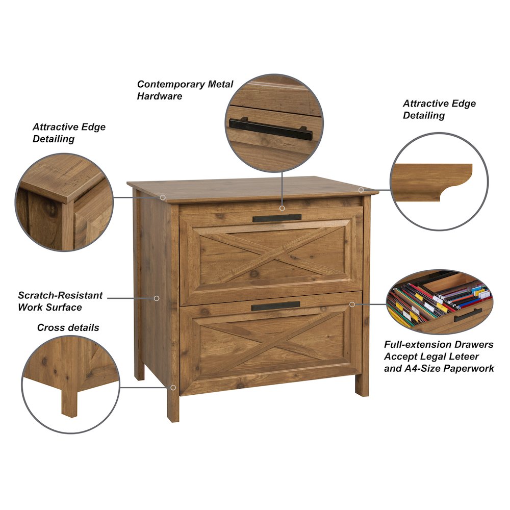 Austin 2-Drawer Modern Wood Lateral File Cabinet in Rustic Brown. Picture 3