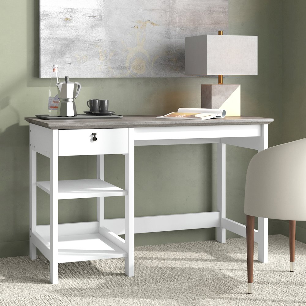 Finley White 47-inch Writing Desk with Storage and Shelves. Picture 5