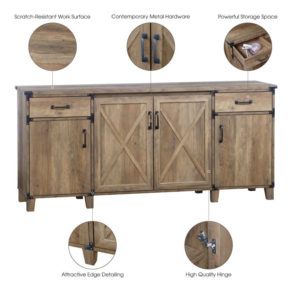 Oxford 4-Door Engineered Wood Credenza File Cabinet in Rustic Oak. Picture 7