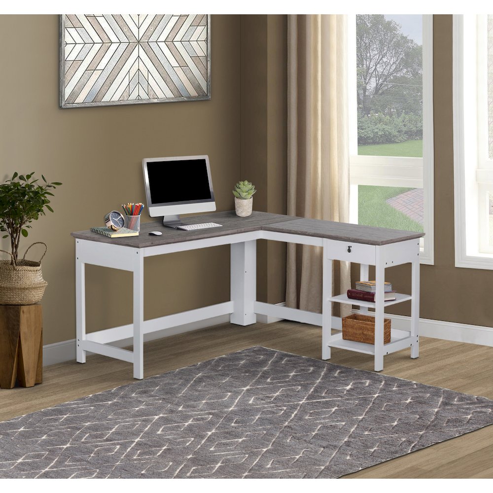Finley L-Shaped Modern Wood Writing Desk in White/Driftwood. Picture 5