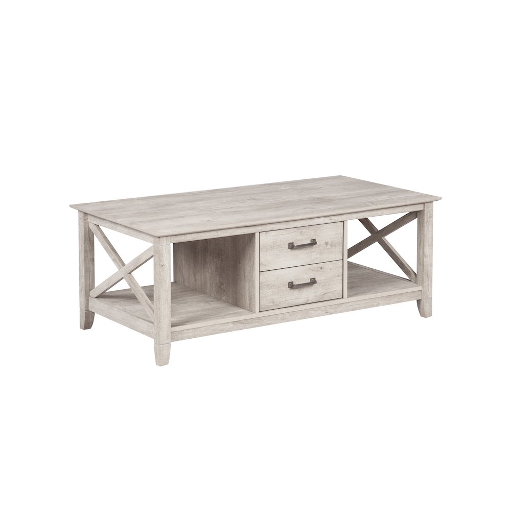 Honduras Wood Coffee Table With 2 Drawers in Washed Gray. Picture 1