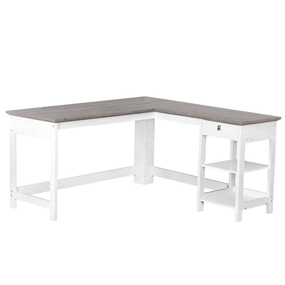 Finley L-Shaped Modern Wood Writing Desk in White/Driftwood. Picture 1