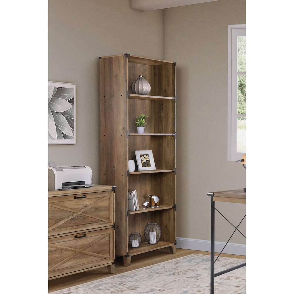 5-Shelf Rectangular Modern Wood Bookcase in Rustic Oak. Picture 5