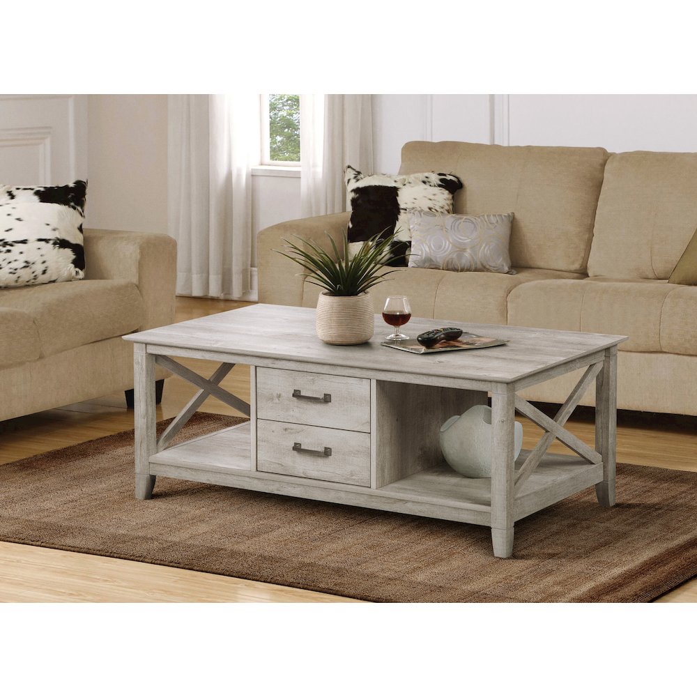Honduras Wood Coffee Table With 2 Drawers in Washed Gray. Picture 7