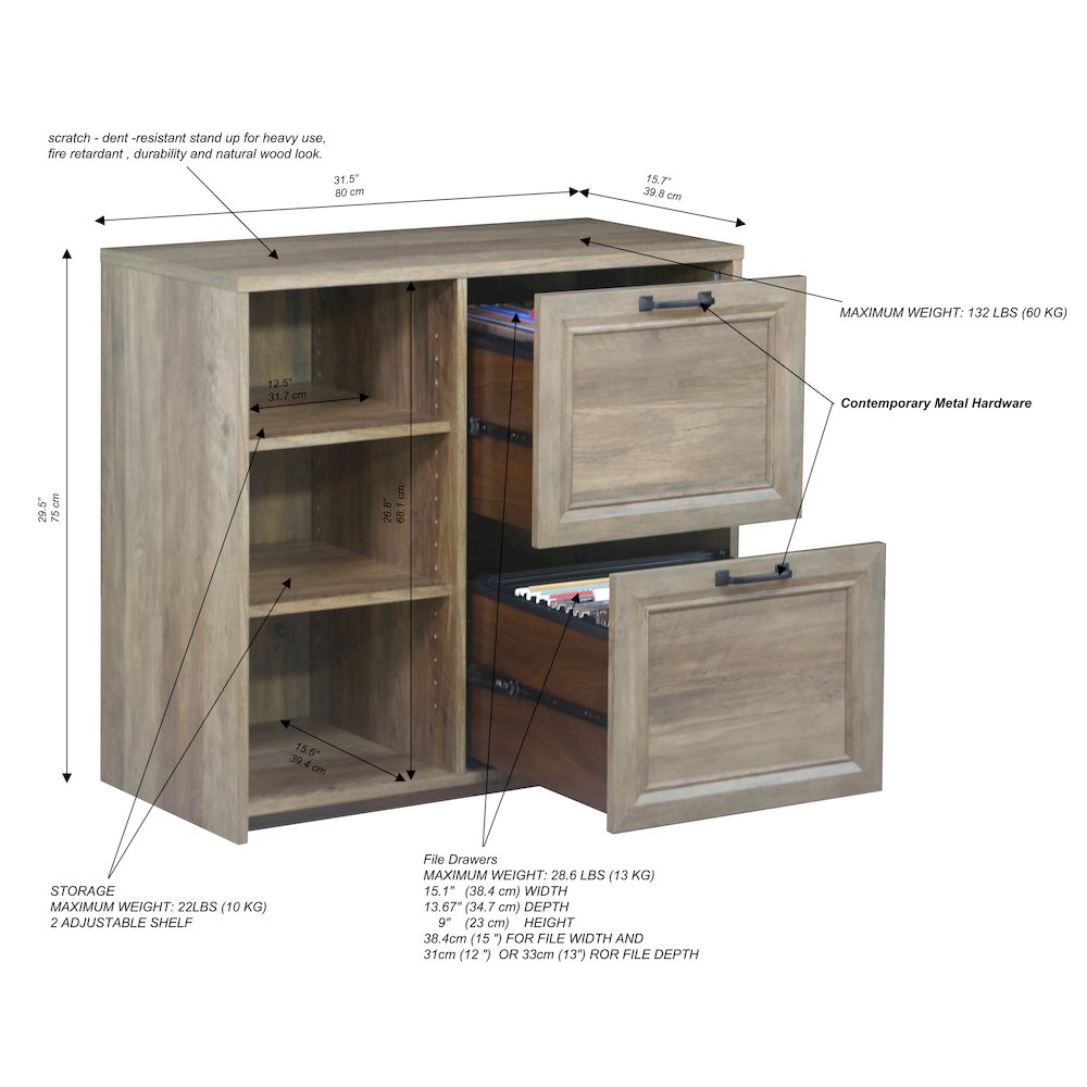 Alaska Wood 2 Drawer File Cabinet With 3 Shelf in Oak. Picture 6