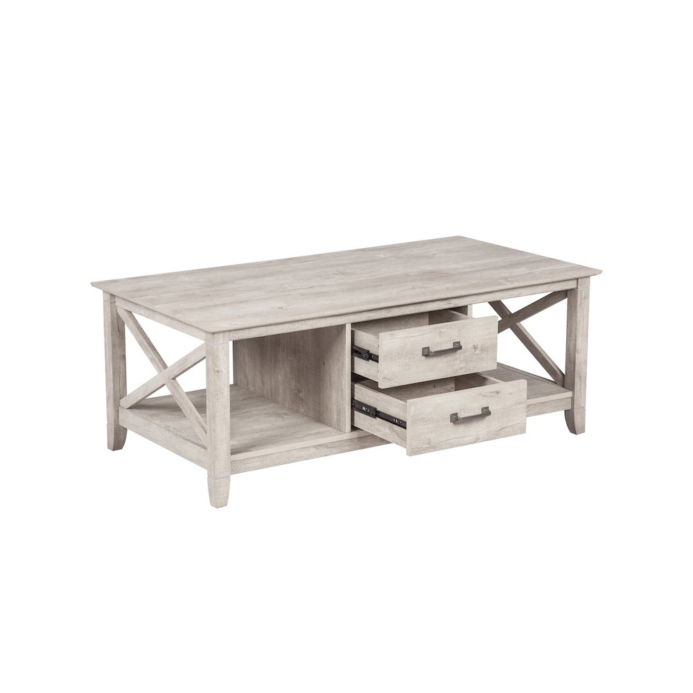 Honduras Wood Coffee Table With 2 Drawers in Washed Gray. Picture 2