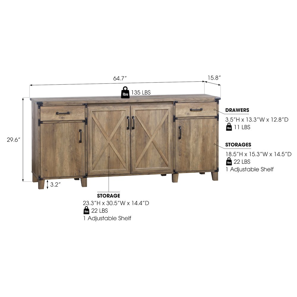 Oxford 4-Door Engineered Wood Credenza File Cabinet in Rustic Oak. Picture 6