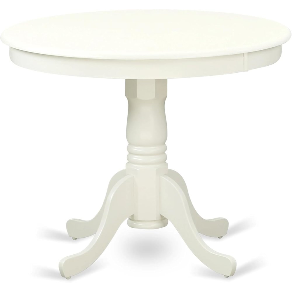 East West Furniture ANDA5-LWH-24 5 Piece Dining Room Set Consists of a Round Wooden Table with Pedestal and 4 Upholstered Chairs, Linen White. Picture 4