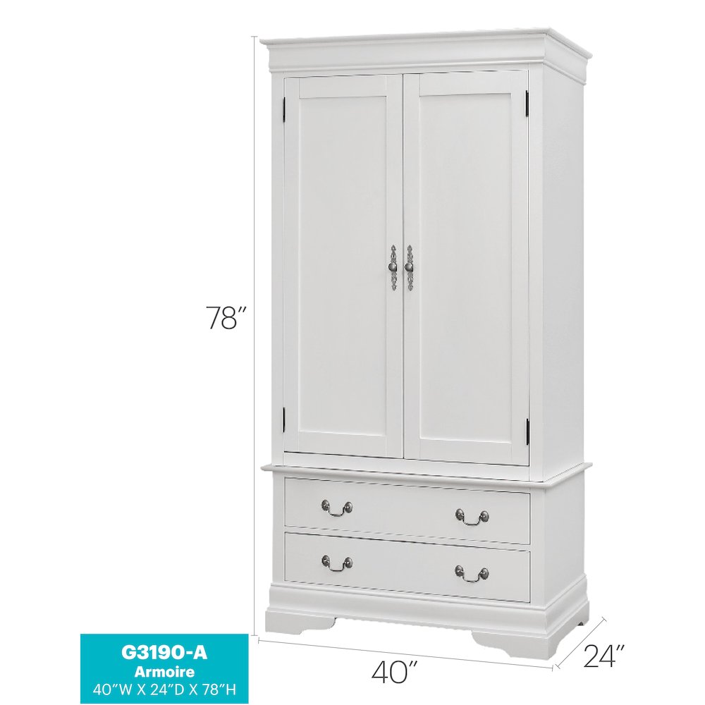 Glory Furniture Louis Phillipe Armoire in White Color. Picture 8