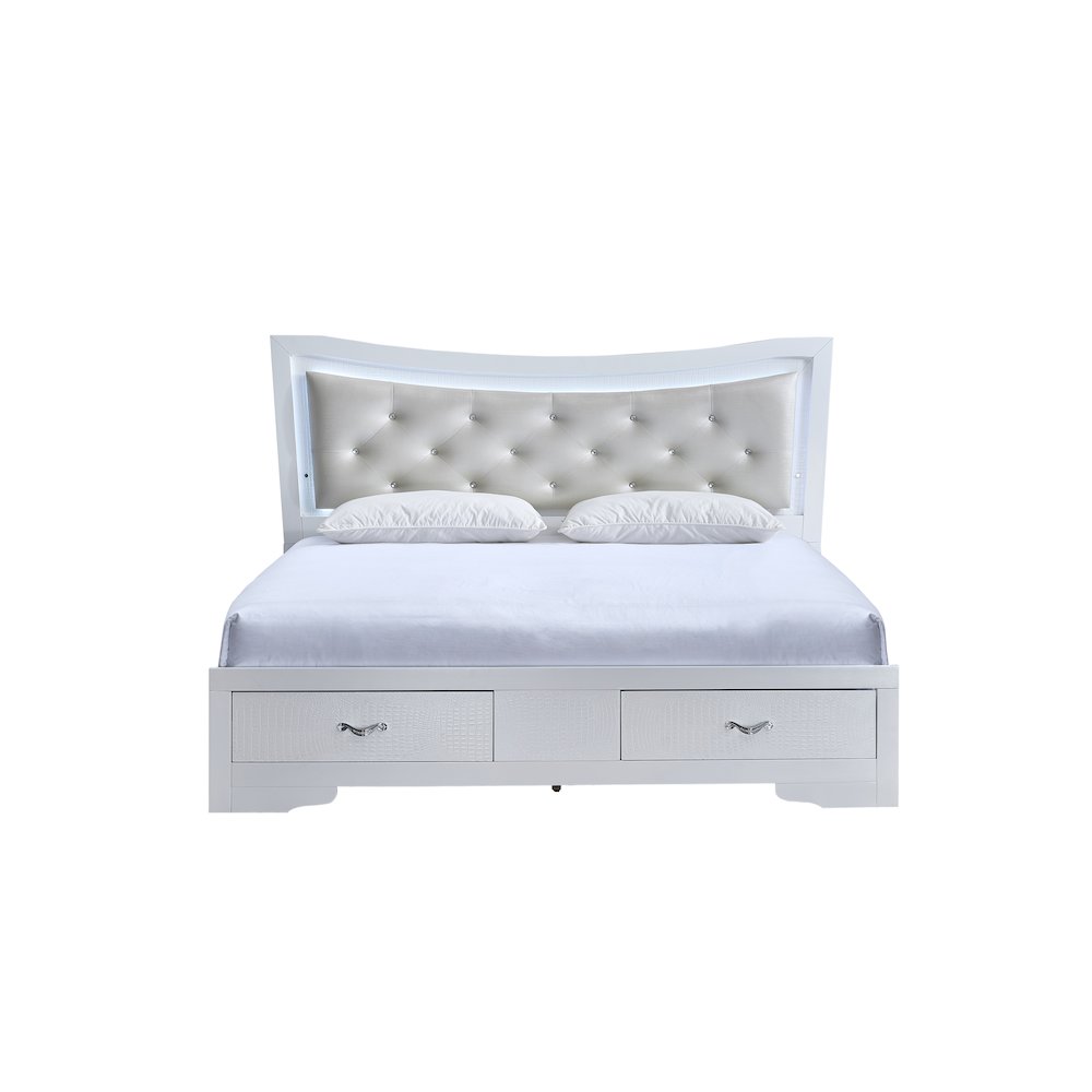 Storage Bed with LED Tufted Headboard, Bedroom Beds, Sparkling White, Queen. Picture 3
