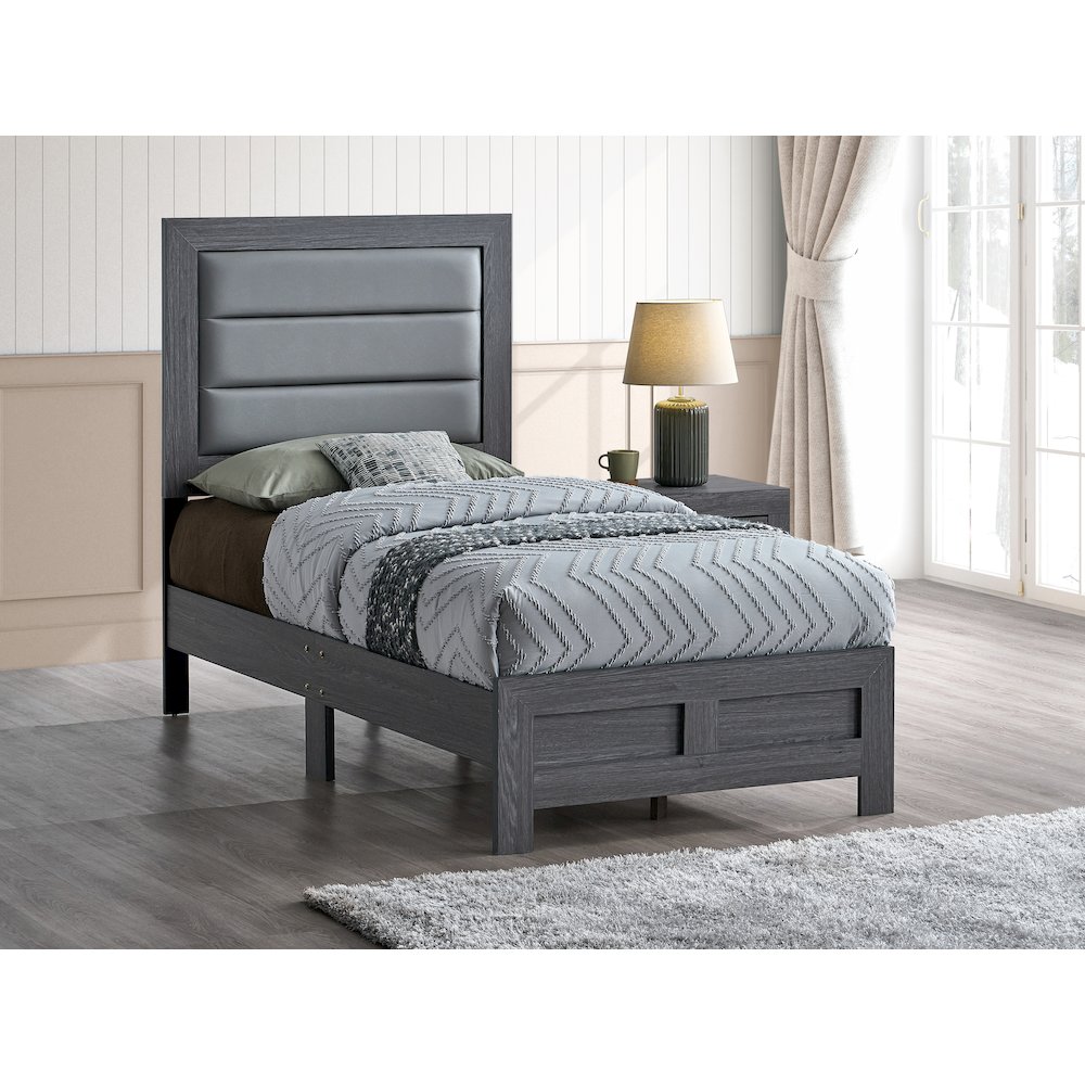 Wooden Platform Bed Frame with Headboard, Bedroom Bed Furniture, Gray, Twin. Picture 2